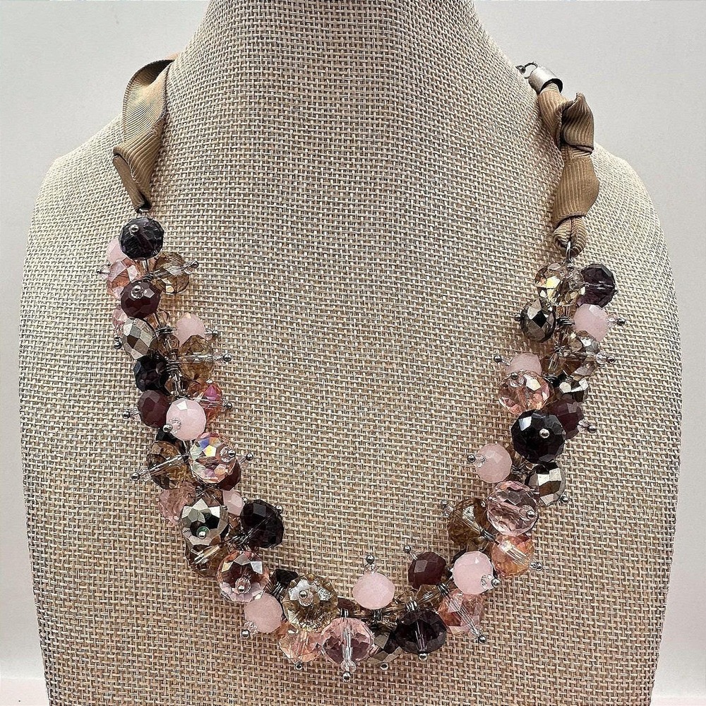 Vintage 90s Ali Khan New York Ribbon Strap Cluster Beaded Necklace Jewelry Boho - Picture 3 of 10